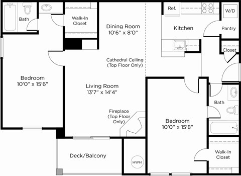 Floor plan for 2 beds, 2 baths, 1010 sqft